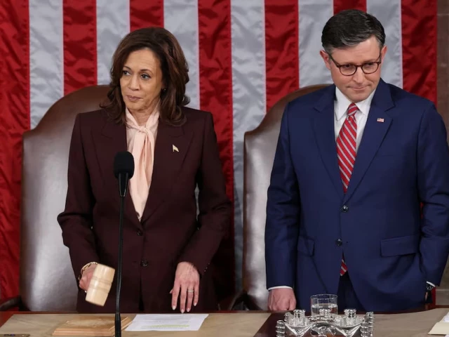 us vice president kamala harris and speaker of the house mike johnson r la attend a joint session of congress to certify donald trump s election at the us capitol in washington us january 6 2025 photo reuters us vice president kamala harris and speaker of the house mike johnson r la attend a joint session of congress to certify donald trump s election at the us capitol in washington us january 6 2025 photo reuters