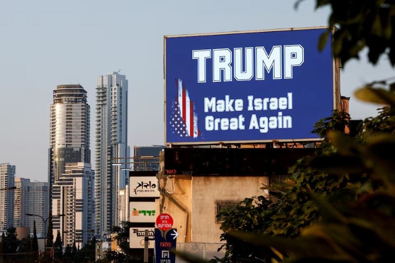 a billboard shows a slogan in support of republican presidential nominee and former u s president donald trump on the day of 2024 us presidential election in tel aviv israel november 5 2024 photo reuters