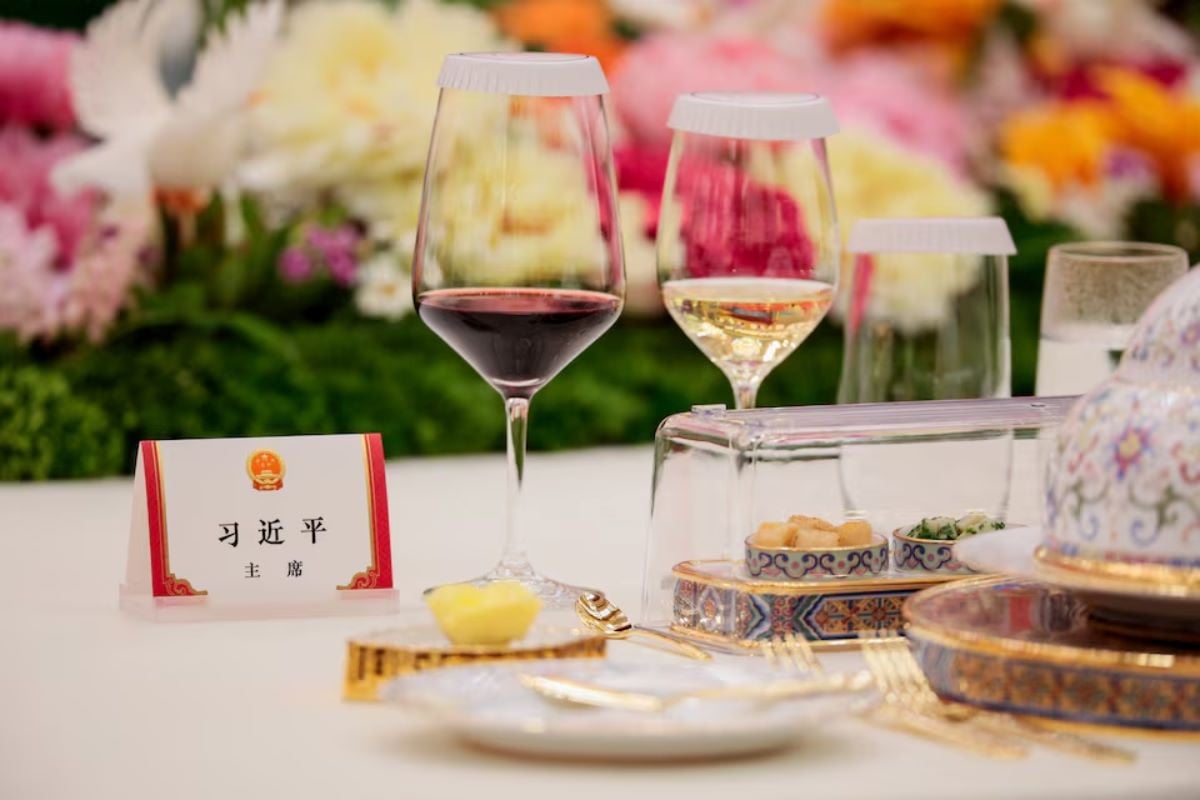 A label at the seat for US President Donald Trump ahead of a state banquet with Chinese President Xi Jinping at the Great Hall of the People in Beijing, China, May 14, 2026. REUTERS