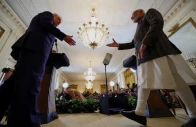 us president donald trump and indian prime minister narendra modi prepare to shake hands as they attend a joint press conference at the white house in washington d c us february 13 2025 reuters