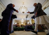 us president donald trump and indian prime minister narendra modi prepare to shake hands as they attend a joint press conference at the white house in washington d c us february 13 2025 reuters