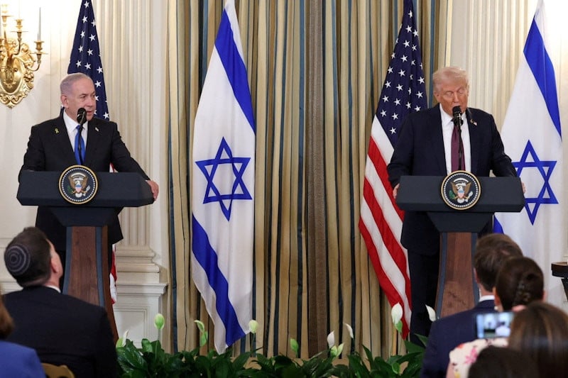 Trump and Netanyahu hold a joint press conference in the State Dining Room at the White House in Washington, D.C., U.S., September 29, 2025.PHOTO: REUTERS
