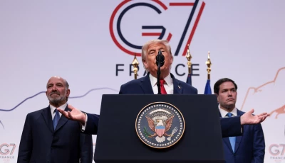 us president donald trump flanked by secretary of state marco rubio and commerce secretary howard lutnick speaks during a press conference during the g7 summit in evian les bains france june 17 2026 photo reuters