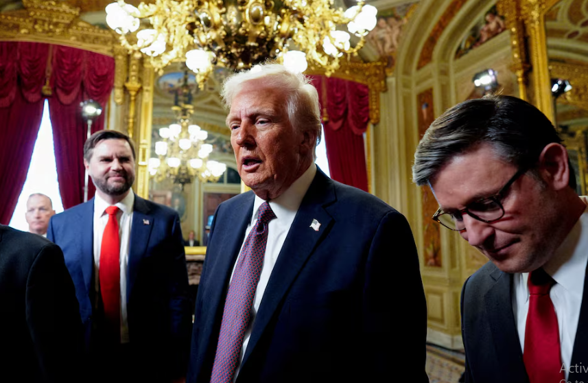 newly sworn in president donald trump speaks with house speaker mike johnson r la following a signing ceremony in the president s room following the 60th inaugural ceremony on january 20 2025 at the us capitol in washington dc photo reuters