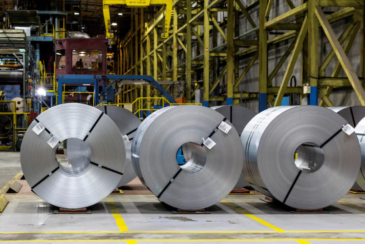 raw steel coils are seen on the floor of the galvanizing line at arcelormittal dofasco in hamilton ontario canada february 14 2025 photo reuters