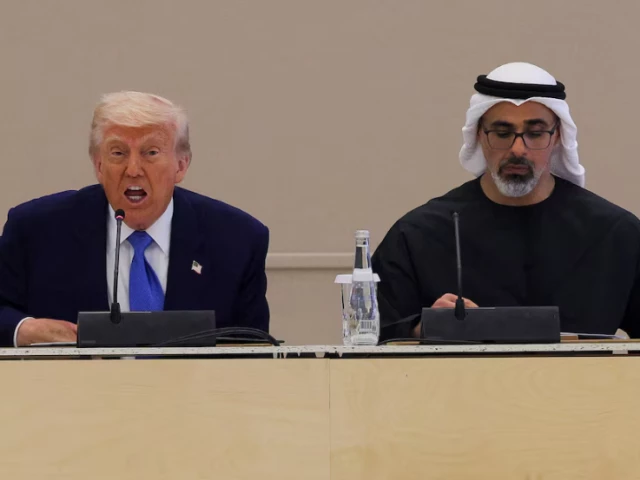 us president donald trump speaks next to crown prince of abu dhabi sheikh khaled bin mohamed bin zayed al nahyan during roundtable discussion at a business forum at qasr al watan during the final stop of his gulf visit in abu dhabi united arab emirates may 16 2025 photo reuters us president donald trump speaks next to crown prince of abu dhabi sheikh khaled bin mohamed bin zayed al nahyan during roundtable discussion at a business forum at qasr al watan during the final stop of his gulf visit in abu dhabi united arab emirates may 16 2025 photo reuters