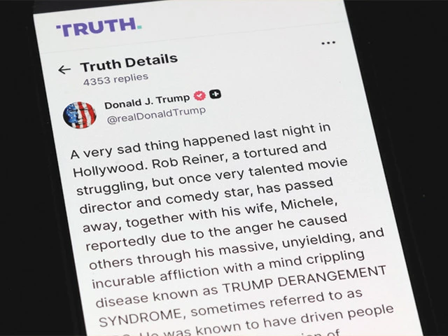 a phone shows us president donald trump s truth social post on the death of actor and director rob reiner in washington dc photo afp a phone shows us president donald trump s truth social post on the death of actor and director rob reiner in washington dc photo afp