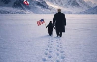in the ai generated graphic trump is shown walking beside a penguin holding a u s flag toward snowy mountains with the greenland flag planted in the distance captioned embrace the penguin photo instagram whitehouse