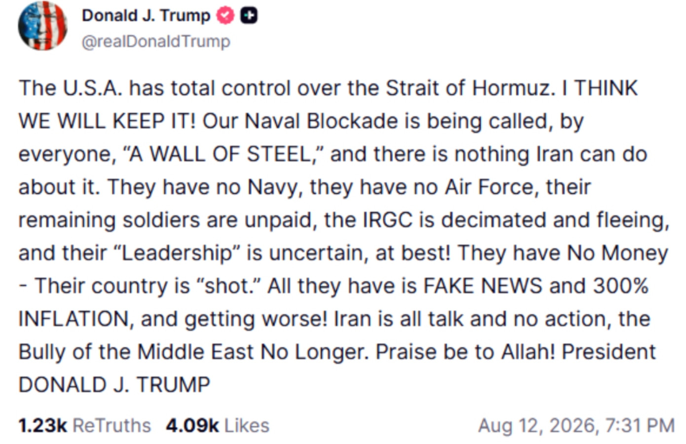 A screenshot of a post in US President Donald Trumps' Truth Social account. — SCREENGRAB TRUTH SOCIAL