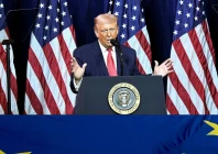 combo this combination of pictures created on january 19 2026 shows us president donald trump speaks during the house republican party gop member retreat at the kennedy center in washington dc on january 6 2026 top and a giant eu flag waved by demonstrators during a protest in tbilisi on april 28 2024 european leaders on january 18 2026 slammed us president donald trump s threat of tariffs over their opposition to his designs on greenland photo afp