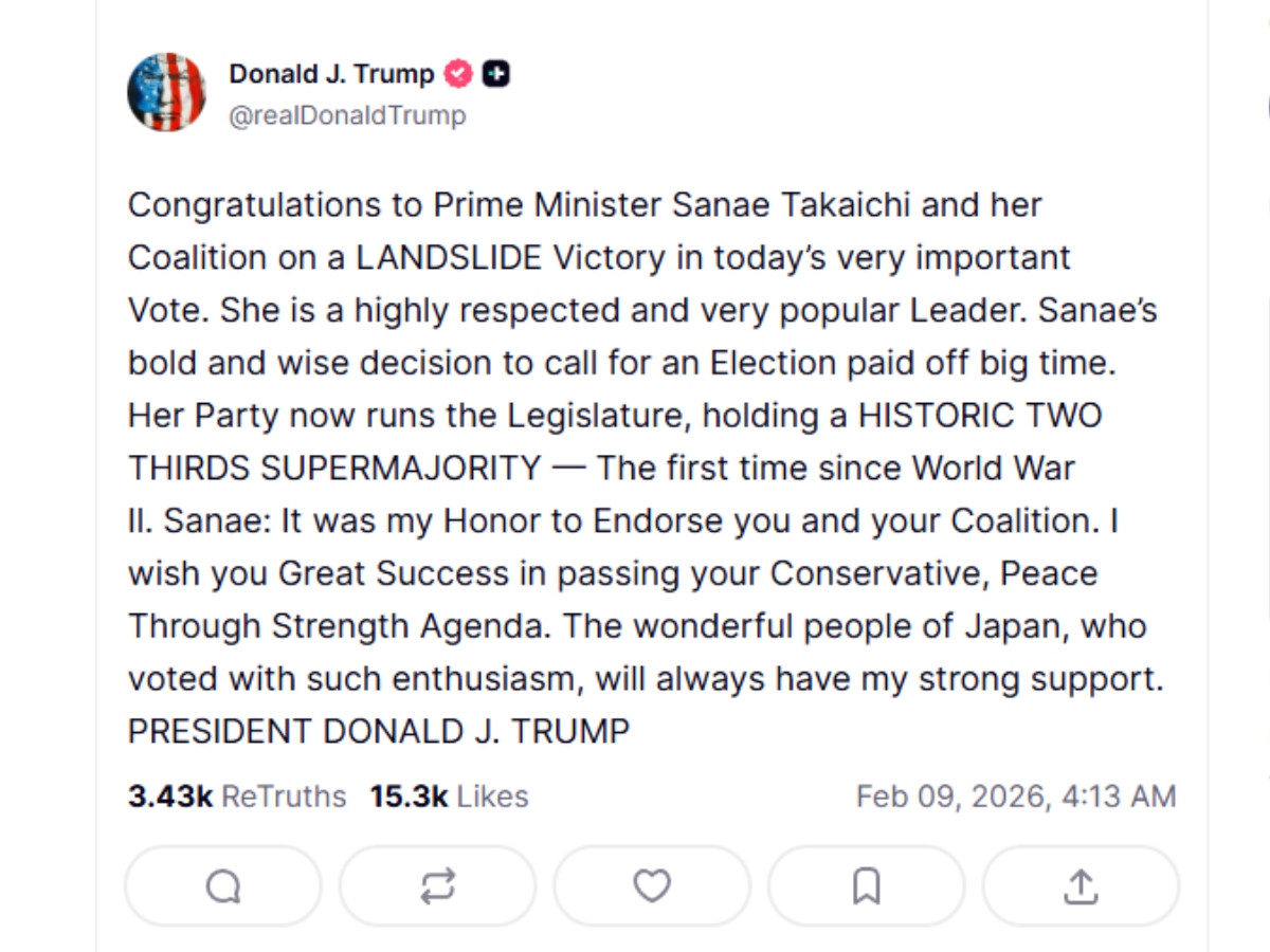 US President Donald Trump congratulating Japanese Prime Minister Sanae Takaichi on her win in elections. Source: TruthSocial (Screenshot)