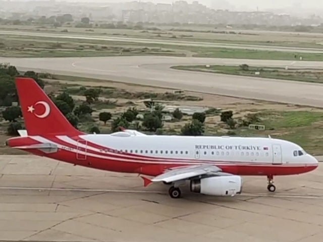 the plane en route from laos to ankara landed at jinnah terminal at 4 55pm after the captain requested permission from karachi air traffic control for refuelling screengrab