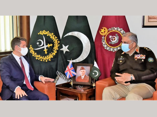 ispr says british high commissioner christian turner and chief of army staff coas general qamar javed bajwa discussed matters of mutual interest during the meeting at ghq photo ispr ispr says british high commissioner christian turner and chief of army staff coas general qamar javed bajwa discussed matters of mutual interest during the meeting at ghq photo ispr