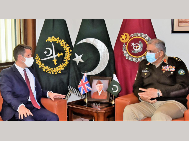 ispr says british high commissioner christian turner and chief of army staff coas general qamar javed bajwa discussed matters of mutual interest during the meeting at ghq photo ispr