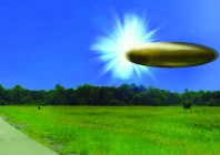 actual site photo with fbi lab rendered graphic overlay depicting corroborating eyewitness reports from september 2023 of an apparent ellipsoid bronze metallic object materializing out of a bright light in the sky 130 195 feet in length and disappearing instantaneously photo us department of defence