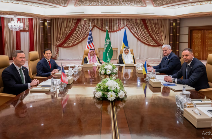 us secretary of state marco rubio u s national security advisor mike waltz ukrainian foreign minister andrii sybiha and ukrainian head of presidential office andriy yermak hold a meeting in the presence of saudi foreign minister faisal bin farhan and national security advisor mosaad bin mohammad al aiban in jeddah saudi arabia march 11 2025 photo reuters