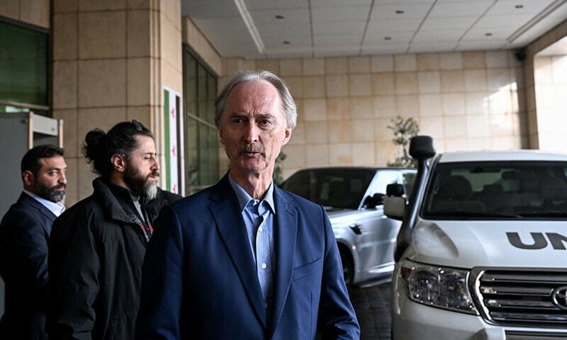 un special envoy geir pedersen talks to the media outside a hotel in damascus on december 18 afp