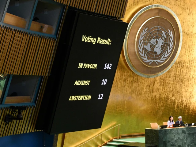 results are displayed during a general assembly meeting to vote on the two states solution to the palestinian question at united nations headquarters un on september 12 2025 in new york city photo afp