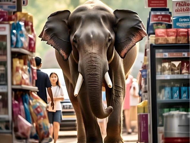 photo a wild elephant strolls through a convenience store in khao yai thailand helping itself to rice crackers photo a wild elephant strolls through a convenience store in khao yai thailand helping itself to rice crackers