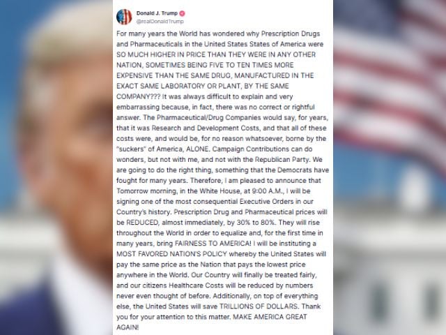 Photo: Trump post about the major step in pharmaceutical industry