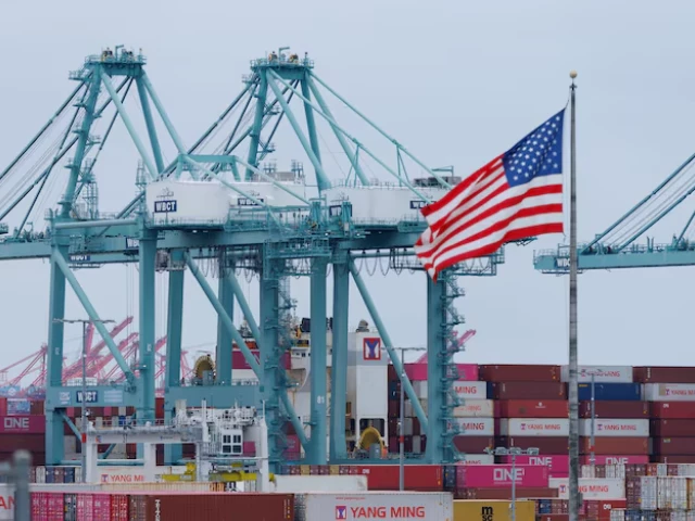 a us flag flutters near shipping containers as a ship is unloaded at the port of los angeles in san pedro california u s may 1 2025 photo reuters a us flag flutters near shipping containers as a ship is unloaded at the port of los angeles in san pedro california u s may 1 2025 photo reuters