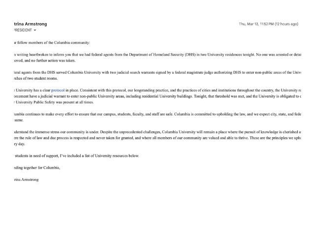 University of Columbia President notice to students on March 13 over federal warrants, search and arrest, and DHS engagement on campus Photo: X