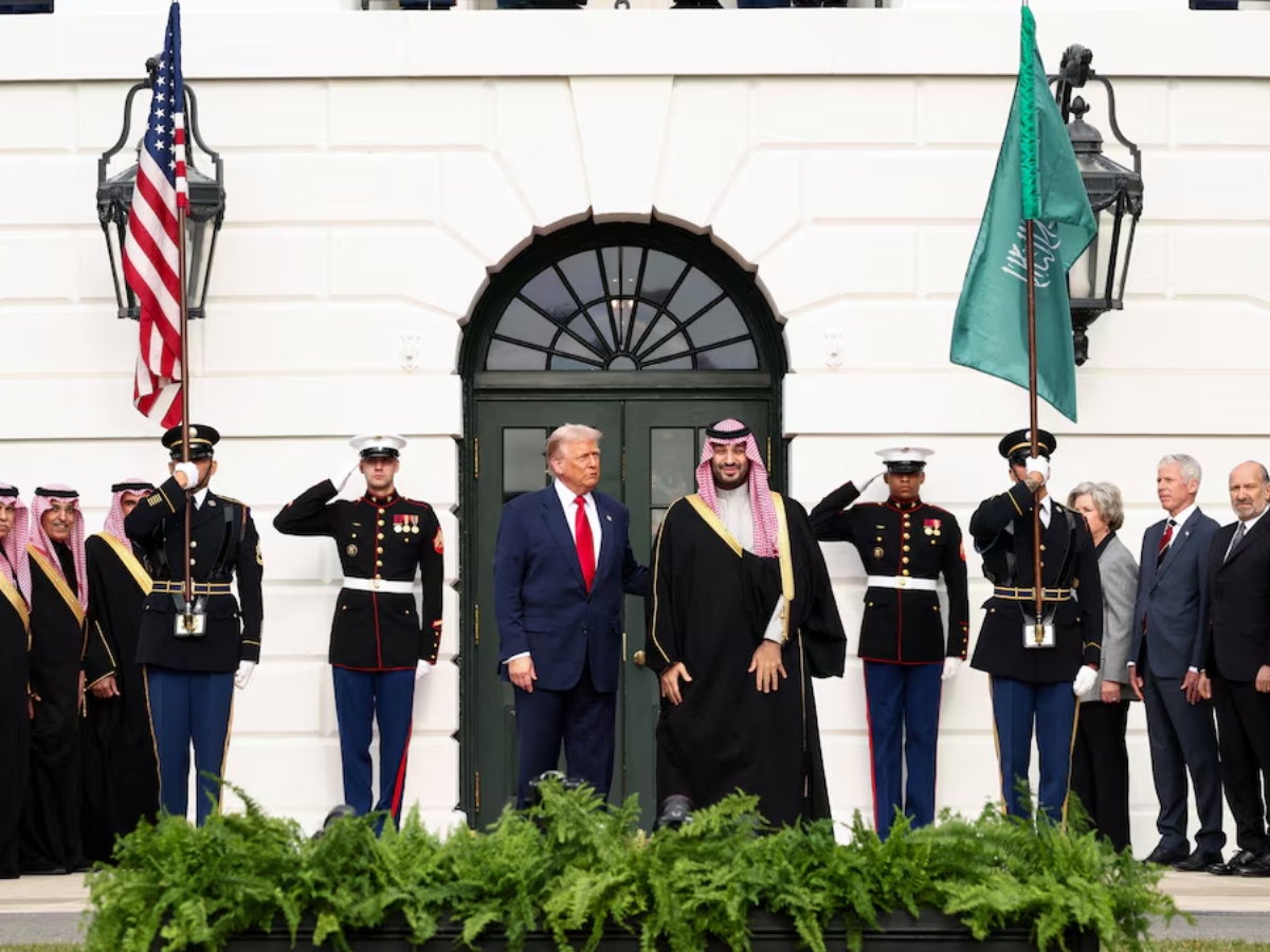 US President Donald Trump and Saudi Crown Prince and Prime Minister Mohammed bin Salman speak in the Colonnade at the White House in Washington, DC, US, November 18, 2025