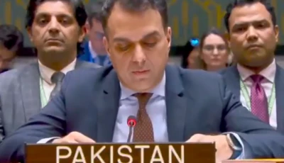 pakistan s acting permanent representative to the un muhammad usama iqbal jadoon speaking at unsc on tuesday photo x permanent mission of pakistan to the un