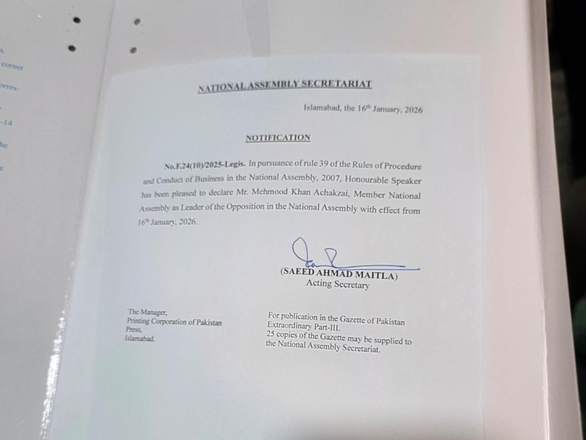 Notification announcing Pashtunkhwa Milli Awami Party chief Mahmood Khan Achakzai as Opposition Leader in National Assembly Photo: Express