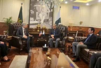 interior minister mohsin naqvi us assistant secretary of state for south and central asian affairs john mark pomeroy us ambassador natalie baker minister of state for interior talal chaudhry meet in islamabad on february 12 2026 photo handout