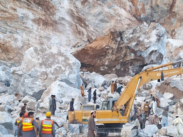 Landsliding due to a blast during mining operations in the Palodheri hills of Rustam in Khyber-Pakhtunkhwa’s Mardan district on March 31. PHOTO: EXPRESS