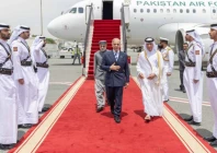 qatari minister of state for foreign affairs sultan bin saad al muraikhi receives prime minister shehbaz sharif at doha airport photo pmo x