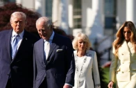 l r us president donald trump britain s king charles iii britain s queen camilla and first lady melania trump walk toward the white house beehive for a tour on the south lawn of the white photo afp