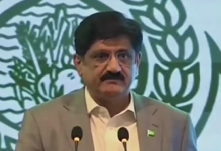 sindh chief minister murad ali shah speaking at a ceremony marking the first anniversary of marka e haq in karachi screengrab