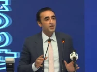 pakistan peoples party ppp chairman bilawal bhutto zardari addressing an international seminar titled the indus waters treaty a key instrument for peace and regional stability held at the jinnah convention centre in islamabad screengrab