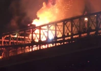 a fire breaks out on the brooklyn bridge in new york during the city s fireworks celebration on saturday july 4 photo screengrab