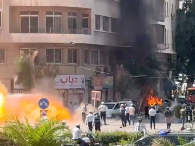 smoke and fire rise at the site where explosive devices blew up near a hotel where french president emmanuel macron was meant to be staying in damascus syria in this screengrab obtained from a video july 7 2026 photo reuters smoke and fire rise at the site where explosive devices blew up near a hotel where french president emmanuel macron was meant to be staying in damascus syria in this screengrab obtained from a video july 7 2026 photo reuters