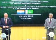 deputy prime minister and foreign minister ishaq dar and croatian minister of foreign and european affairs gordan grli radman speaking at a joint press briefing in islamabad screengrab