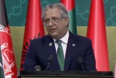 law minister azam nazeer tarar addressing the second day of the 9th oic ministerial conference on women in islamabad screengrab