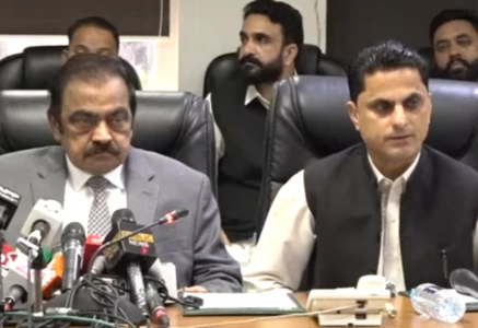 special adviser to the prime minister rana sanaullah announces the joining of independent ajk lawmaker sardar sajid iqbal to the pml n at a press conference in islamabad screengrab