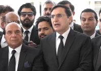 barrister gohar ali khan alongside latif khosa speaking to the media outside the supreme court screengrab