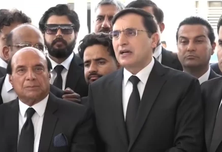 barrister gohar ali khan alongside latif khosa speaking to the media outside the supreme court screengrab