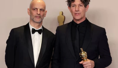 director jonathan glazer poses alongside producer james wilson with the oscar photo reuters