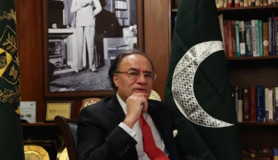 finance minister muhammad aurangzeb speaks during a reuters interview with a portrait of mohammad ali jinnah founder and first governor general of pakistan in the background in islamabad pakistan june 15 2026 photo reuters