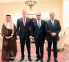 deputy prime minister and foreign minister ishaq dar stands with the foreign ministers of t rkiye saudi arabia and egypt during the r 4 ministerial meeting on the sidelines of the 81st session of the united nations general assembly in new york on september 22 photo foreign office x