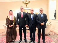 deputy prime minister and foreign minister ishaq dar stands with the foreign ministers of t rkiye saudi arabia and egypt during the r 4 ministerial meeting on the sidelines of the 81st session of the united nations general assembly in new york on september 22 photo foreign office x