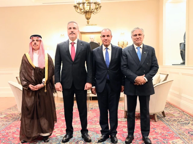 deputy prime minister and foreign minister ishaq dar stands with the foreign ministers of t rkiye saudi arabia and egypt during the r 4 ministerial meeting on the sidelines of the 81st session of the united nations general assembly in new york on september 22 photo foreign office x
