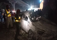 the wreckage of the car that overturned and caught fire on bosan road in multan on early monday killing five young men photo express