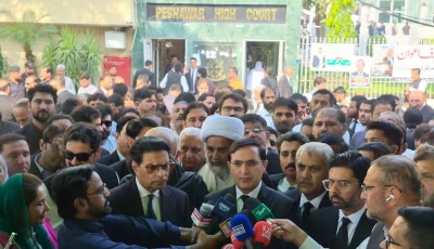 pti leaders speak to the media outside the peshawar high court phc on tuesday photo goharalikhan x