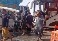 rescue workers and police at the site of a fatal collision between a passenger bus and a van near zero point in uthal lasbela district balochistan photo express